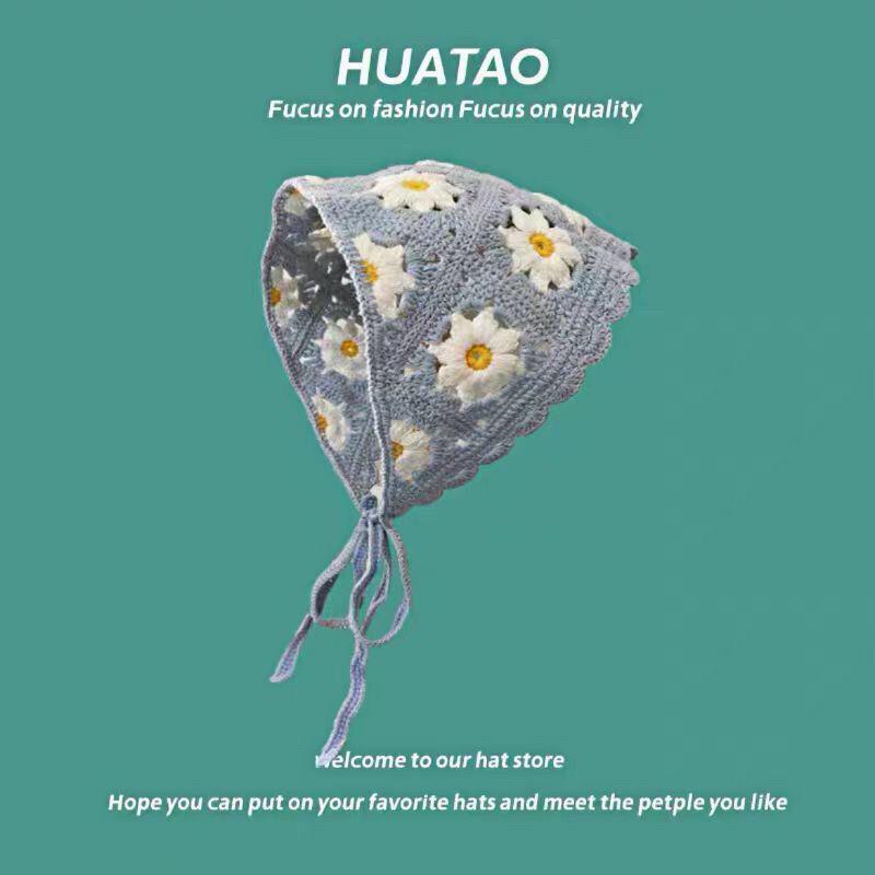 Korean Style Knitted Crochet Triangle Scarf: Women's Sweet Flower Headscarf Hat