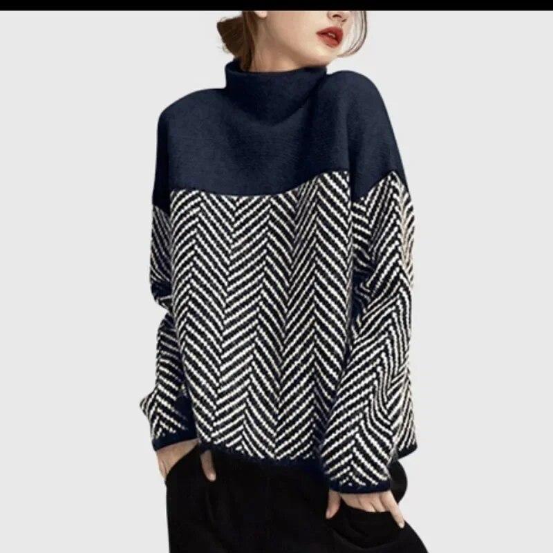 Vintage sweter w paski sweter kobieta moda 2023 zima półgolf z dzianiny grube swetry luźny sweter luźne topy 29979