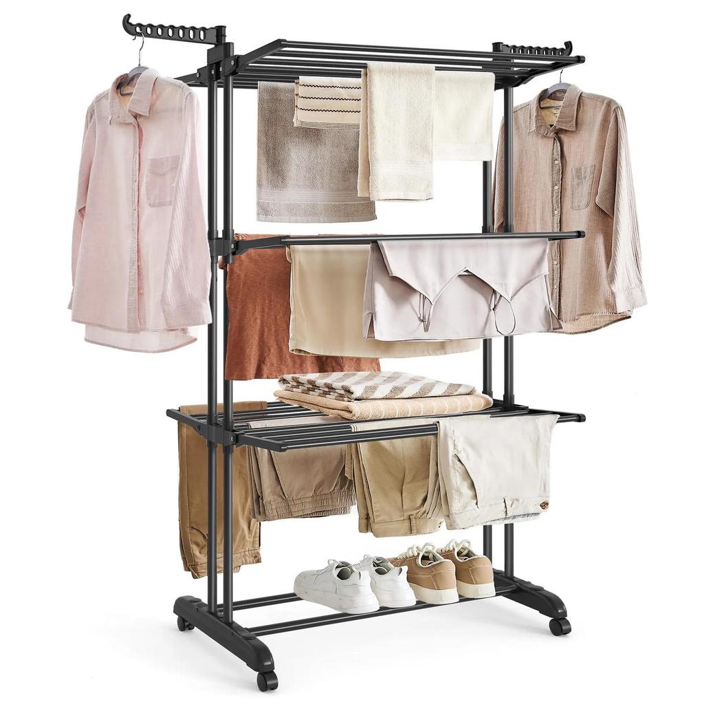 Movable 4-Layer Floor-Standing Folding Drying Rack with Wheels for Indoor and Balcony Use