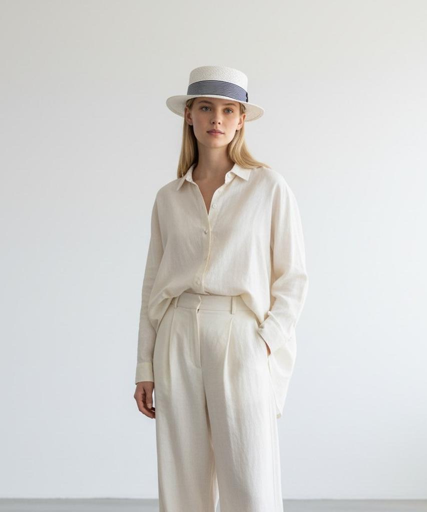 Stripe Line White Short Panama Hat