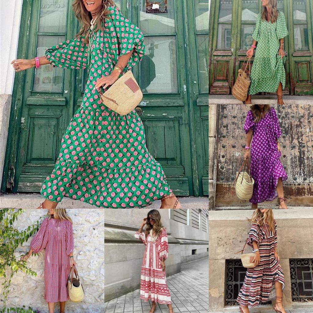 Bohemian Style Printed Lantern Sleeve Loose Maxi Dress For Casual Travel Women