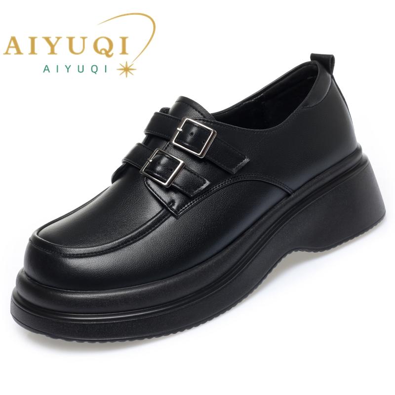

Модные лоферы AIYUQI Женские 2025 Новые из натуральной кожи Весенняя обувь Девушки Повседневный Британский стиль Женская обувь на платформе 41 чёрный
