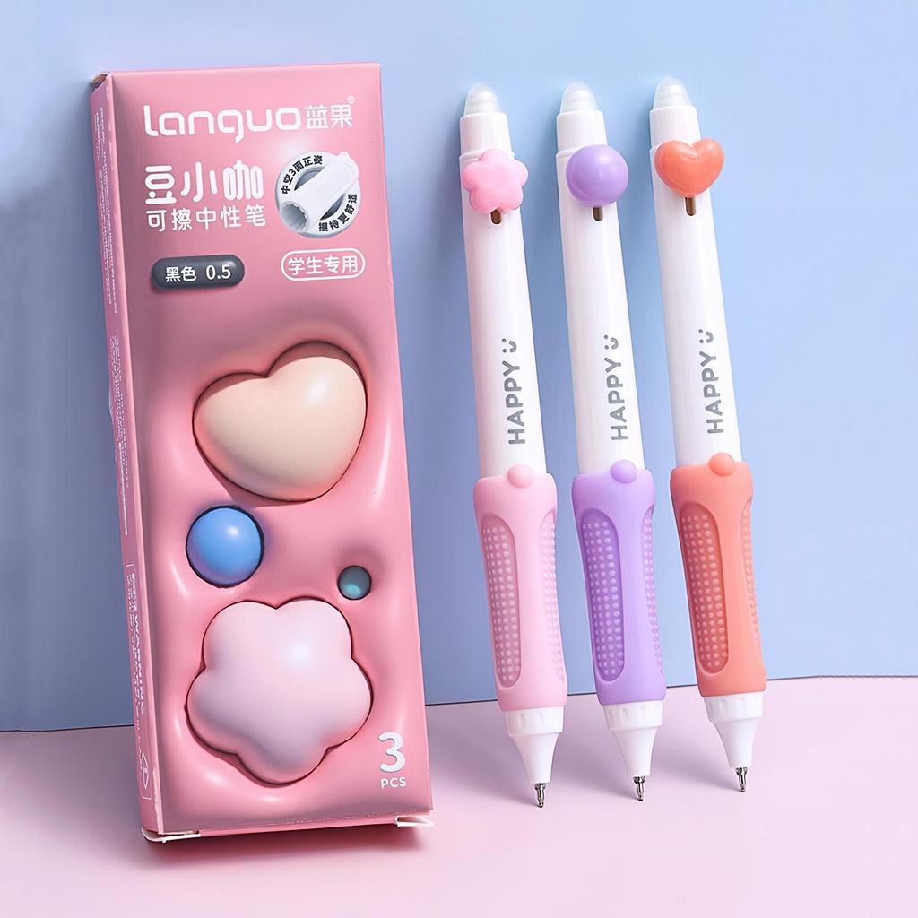 Sada 3 kusů gelových per Happy Beans Ergonomický trojúhelníkový grip smazatelný černý barevný inkoust 0,5 mm kuličkové pero pro školu psaní