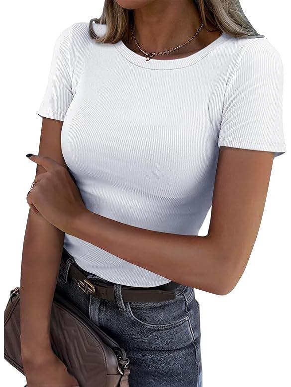 Women's Summer Ribbed Short Sleeve Stretchy Slim Fit Round Neck T-shirt