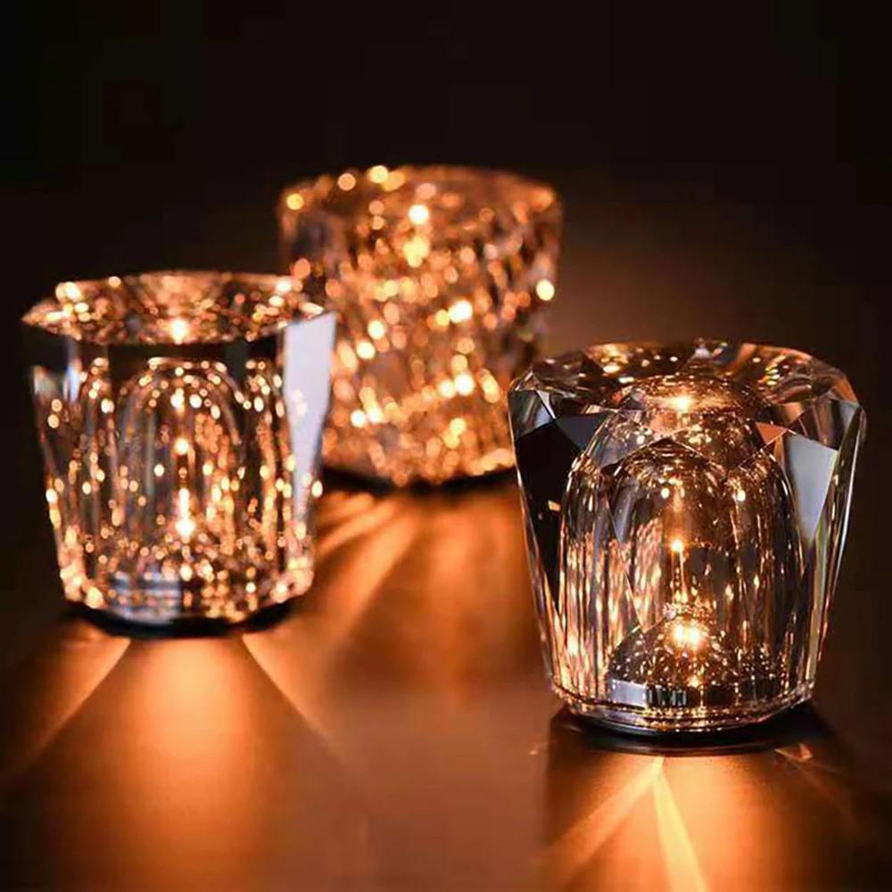 1PC Crystal Atmosphere Table Lamp Diamond-shaped Rechargeable Night Light for Bedroom Living Room Bar Party Decor Lighting