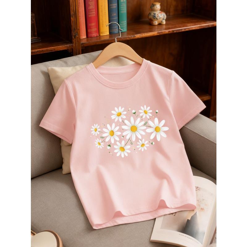 European sizes Daisy Minimalist Style Popular Quirky Round Neck Design Girls' Round Neck T-Shirt with Creative Print