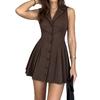 European and American commuter babes wind sleeveless collar vertical stripe waist pleated short skirt, thin fashion slim dress
