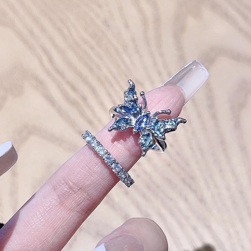 Blue Zircon Enamel Oil Dripping Butterfly Open Ring Light Luxury High-End Individual Cold Wind Fashion Ring