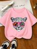Playful Charm Colorful Leopard Face Print Girls TShirt Soft Crew Neck Short Sleeve Vibrant Summer Casual Top for Ages 714