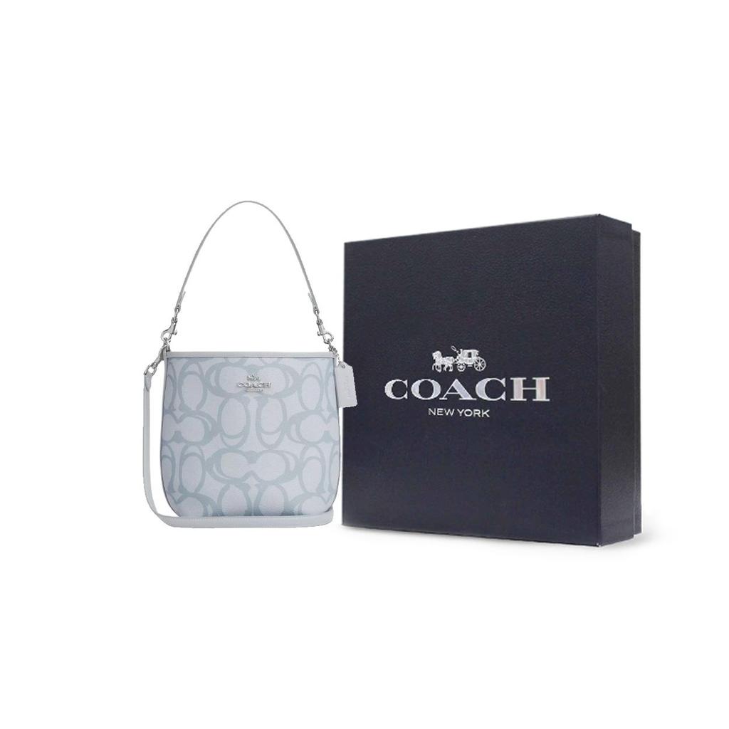 Coach City Bucket 17 Silver Metal Logo Removable Shoulder Strap Coated Canvas Bucket Bag Women Bags Ice-Blue CBH90-SVNB9