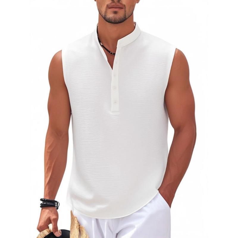 Mens Solid Color Textured Sleeveless Stand Collar Henley Shirt S белый