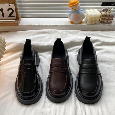 Mocassins de couro com sola grossa estilo britânico - Novos sapatos femininos estilo universitário para primavera e outono
