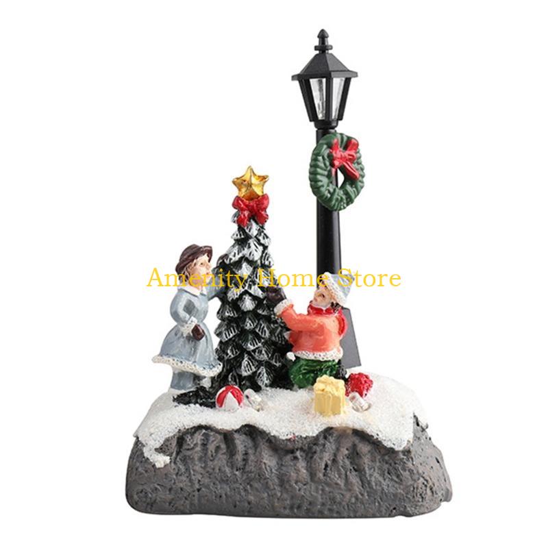 F26C Christmas Village Scene Xmas Tree Snowman Resin Ornament with LED Light Animated Street Lamp Miniature Statue Decoration