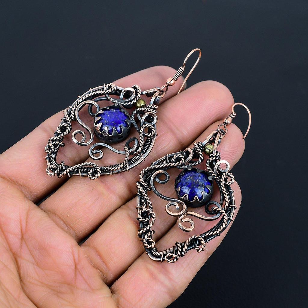 Lapis Lazuli 999 Copper Wire Wrapped Earrings, Handmade Gemstone Earrings Jewelry, Gifts For Wife Brand New Earrings