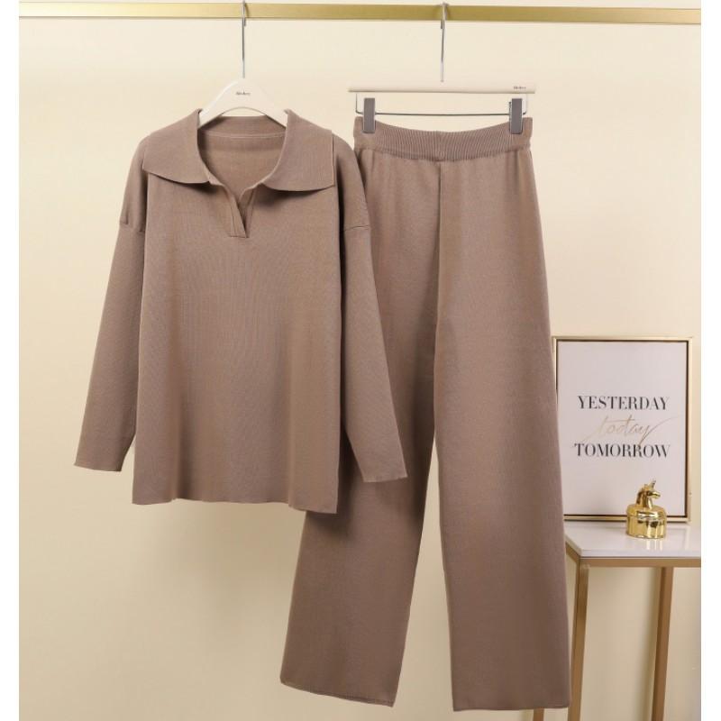 Women's Fall/Winter Oversized Set Polo-Neck Knit Pullover + Wide-Leg Pants Elegant Two-Piece Set