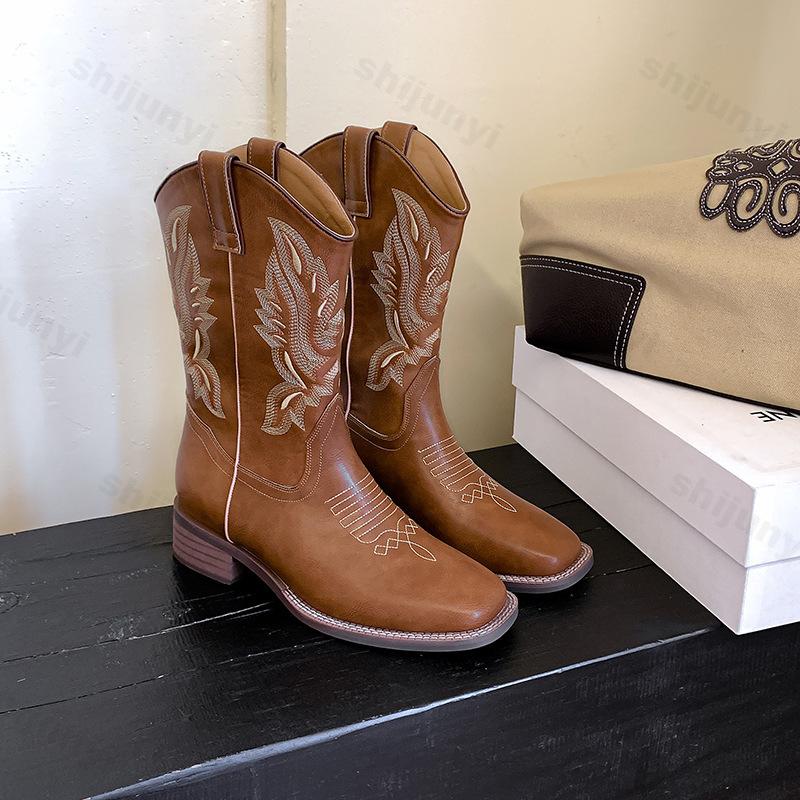 Fashion Genuine Leather Women Boots Autumn Embroidered Western Cowboy Boots Square Toe Thick Heel High Knee Boots Woman Long Botas Mujer