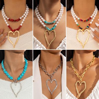 Niche Beaded Imitation Pearl Turquoise Necklace Retro Exaggerated Love Pendant Collarbone Chain Multi-layer Necklace