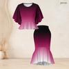 Women Plus Size Two Piece Set Round Neck Batwing Sleeve Ruffle Hem Top Black Gold Printed Fishtail Skirt