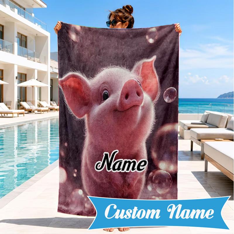 Custom Name Pig Bubbles Beach Towel Microfiber Beach Towel, Lightweight and Quick-Dry, for Summer Travel, Swimming Pool Gift