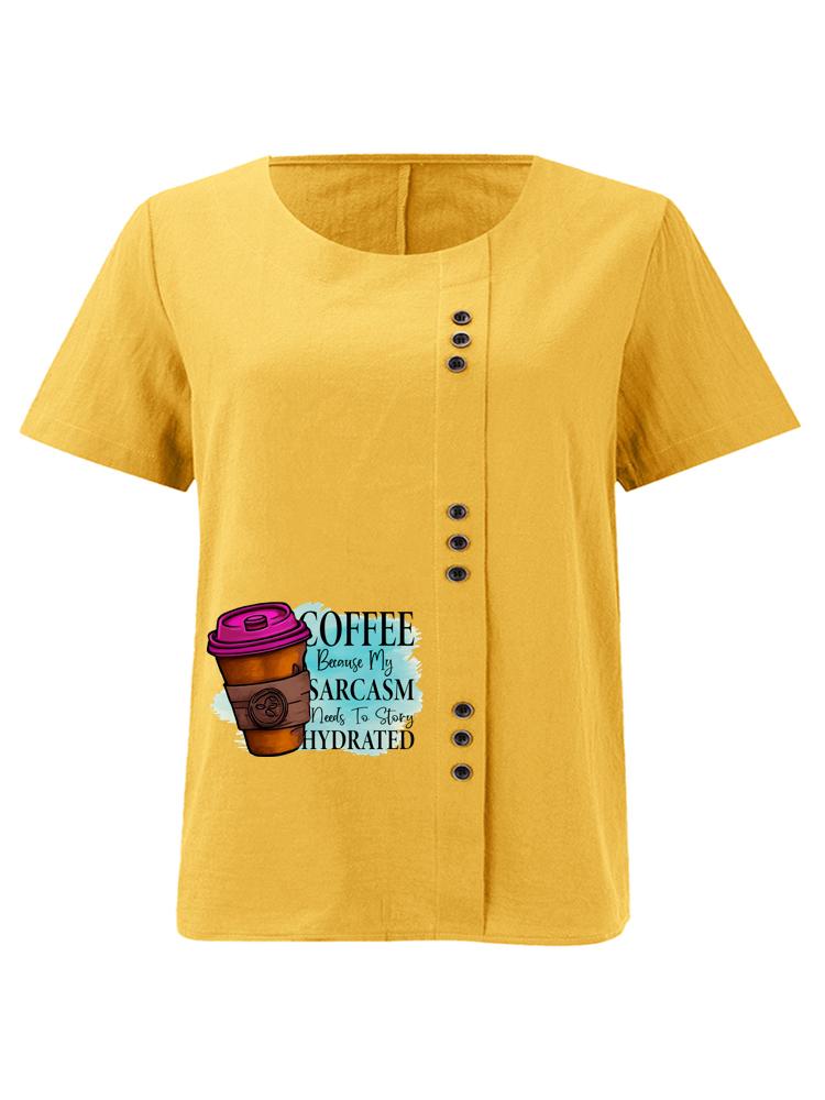 Women's Fashion Coffee Alphabet Print Casual Cotton Linen Short Sleeve Round Neck T-shirt Shirt Leisure Loose Summer Blouse Tops