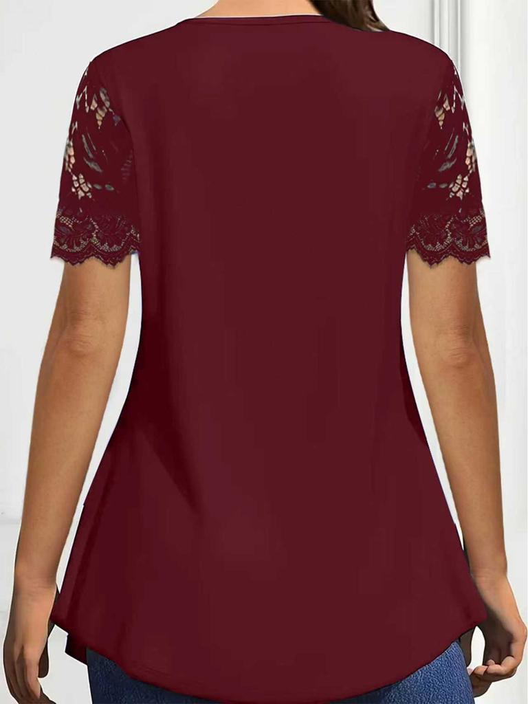 Tunique Élégante Patchwork de Dentelle Couleur Unie Manches Courtes pour Femme Printemps/Été 2026