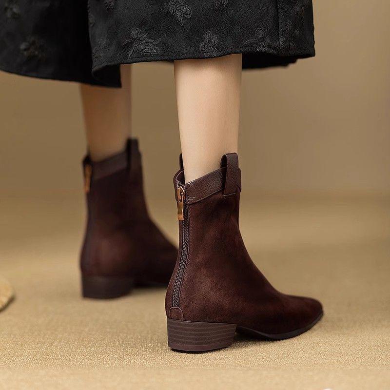 Women's Suede Retro Western Chunky Heel Ankle Boots - Soft Leather Pointed Toe Chelsea Style