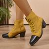 Fashion Colorblock Lace Up Chunky Heel Ankle Boots Women Pointed Toe Patchwork Short Boots Woman Plus Size Fashion High Heel Botas Mujer