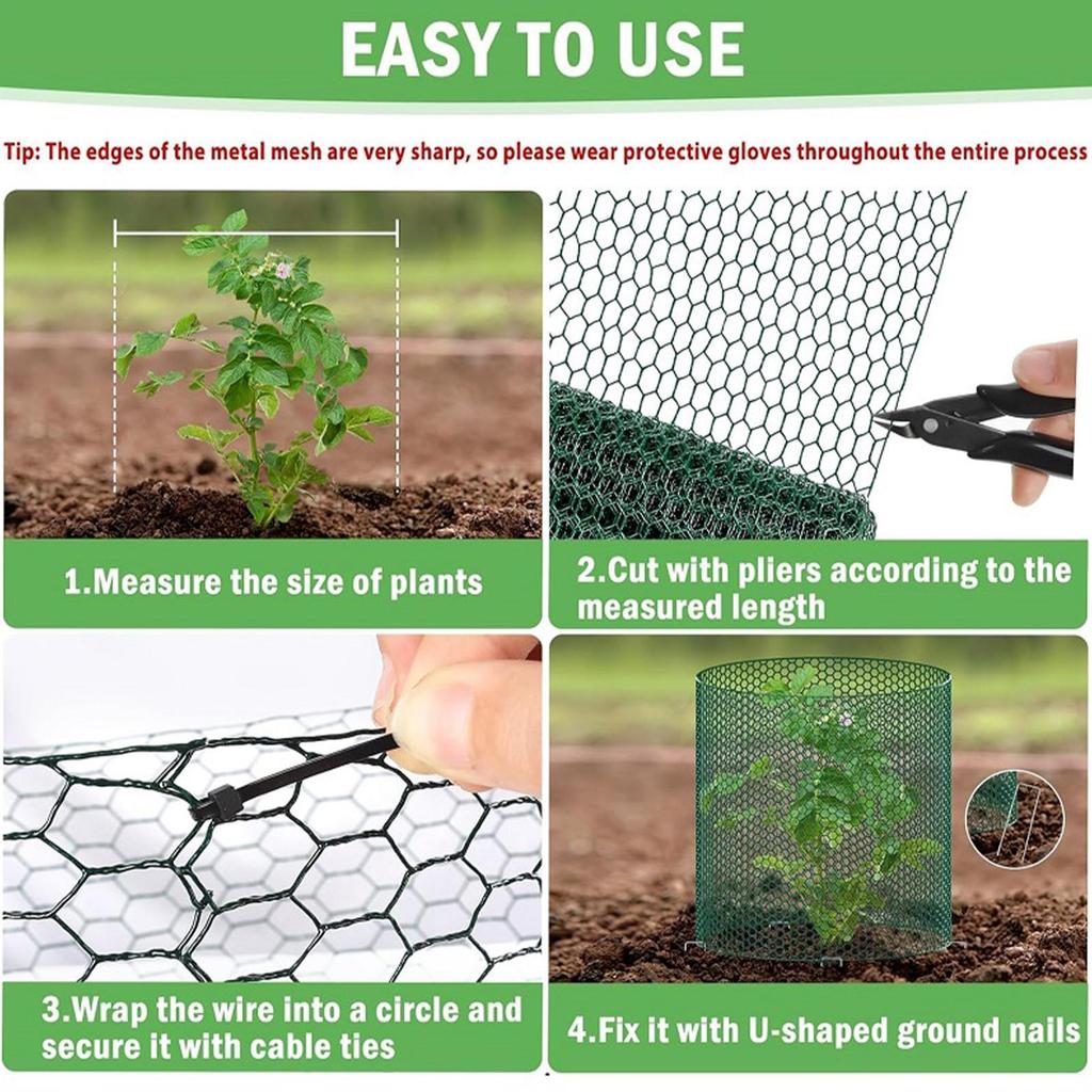 Garden Plant Protector Net Free-Cut Metal Plant Protector Wire Roll with Ground Stakes and Ties To Protect Plants from Animals