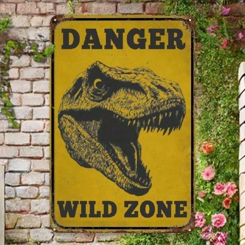 Dinosaur Warning Metal Poster Wall Art For Garage