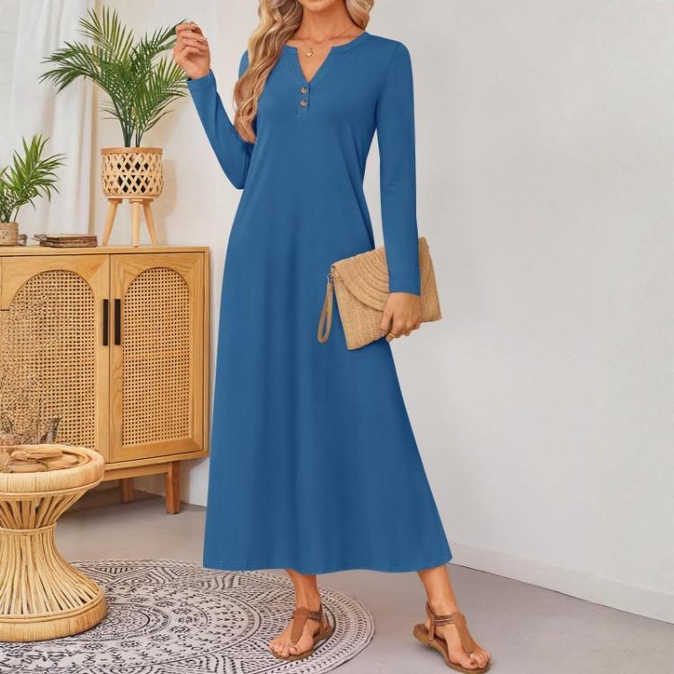 Loose Elegant Women Long Sleeved Comfortable Solid Color Dress