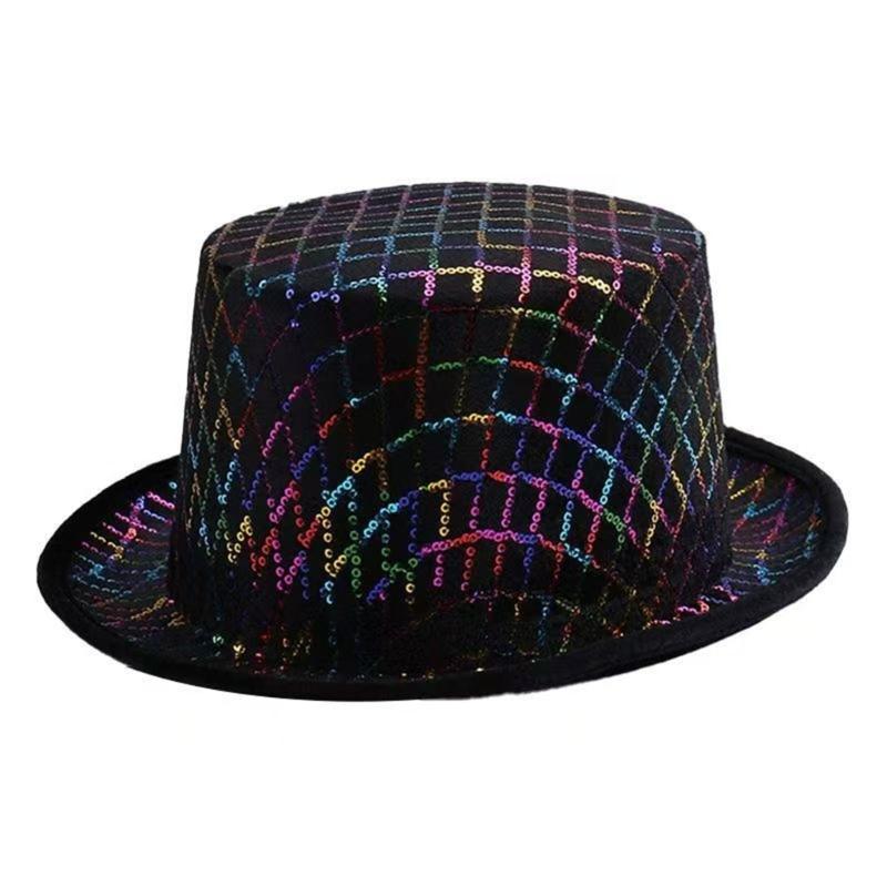 Sparkling Checkered Flat Top Derby Hat For Parties And Event Durability Polyester Fabric Hat