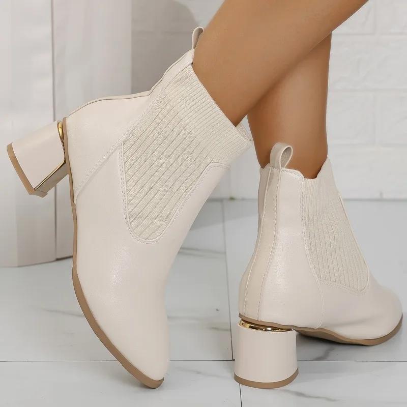 2025 Slip-on Women's Fashion Short Boots Leather Round Toe Thick Heel Solid Autumn Casual Ankle Boots Comfortable Shoes Ladies