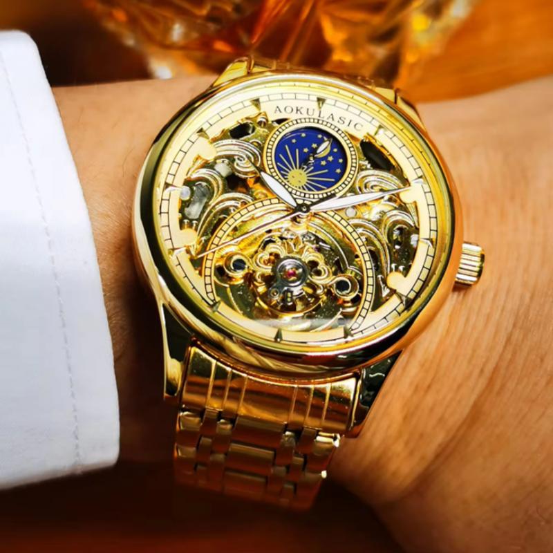 Royal Gold Skeleton Automatic Watch for Men Luxury Tourbillon Mechanical Watches Stainless Steel Strap Luminous Clock