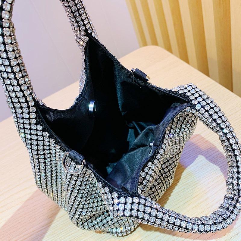 Fashion Rhinestone Small Bucket Bag for Women Sling Shoulder Crossbody Bag with Diagonal Chain Stylish Ladies Handbag