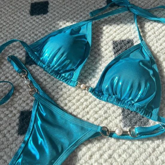 2 ks/sada Dámské sexy bikini set světlý povrch umělá perla podprsenka šněrovací sada tanga rychleschnoucí plavky plážové oblečení