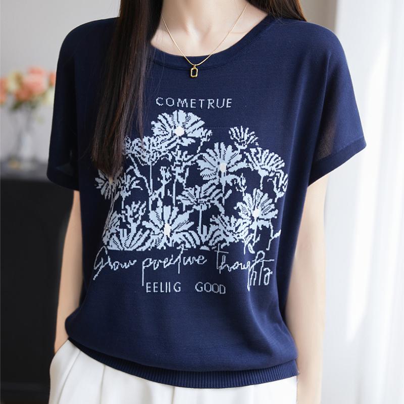 Knitted  Top Spring Summer Jacquard Women's T-shirt Short Sleeve Loose Tees Round Neck  Tops Cool