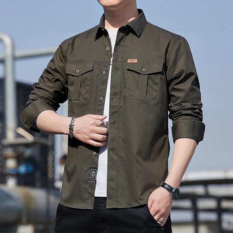 Long-sleeve Shirt for Men, Spring and Autumn, Pure Cotton Casual Jacket, Outdoor Work Shirt, Loose Fit, Plus Size Men's Top, Trendy