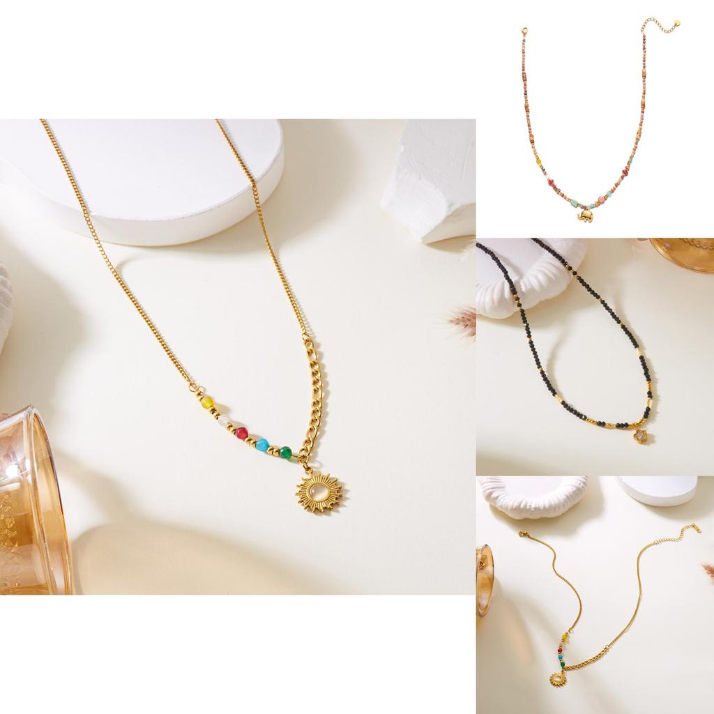 Sunflower Pendant Necklace In Stainless Steel With Natural Turquoise Stones For Summer Fashion