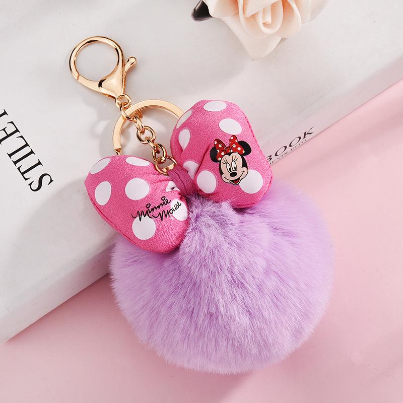 Minnie Plush Keychains Cartoon Polka Dot Bow Pom-Pom Key Ring Pendant Car Bag Ornament Girl Child Gift Toy