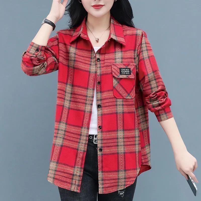 Spring Autumn Fashion Printed Spliced Pockets Plaid Shirt Women's Clothing New Casual Tops Korean Blouse