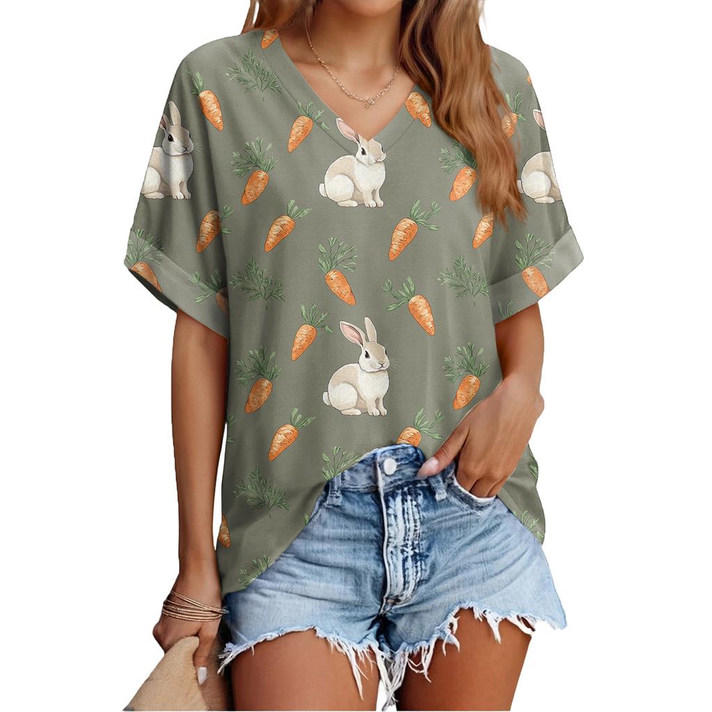 Women's Fashionable Casual Everyday Versatile Easter Print Slim-Fit Summer Short-Sleeve Top