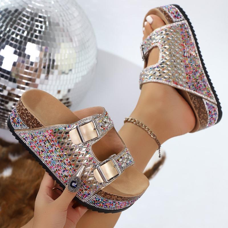 Women S Rhinestone Beach Slides Double Buckle Thick Sole Soft Cork Summer