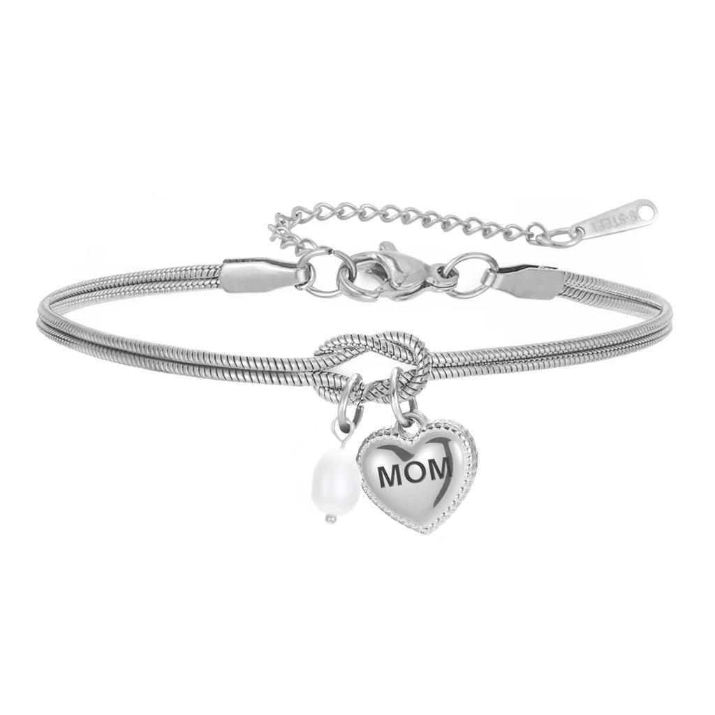 MOM Engraved Heart Charm Bracelet Stainless Steel Women's Love Knot Snake Chain Bracelets Jewelry Mother's Day Gift