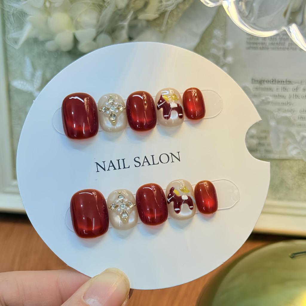 Instantly Rich Red Handmade Press-On Nails: Elegant Wedding & Festive New Year Nail Art for a Beautiful Complexion.