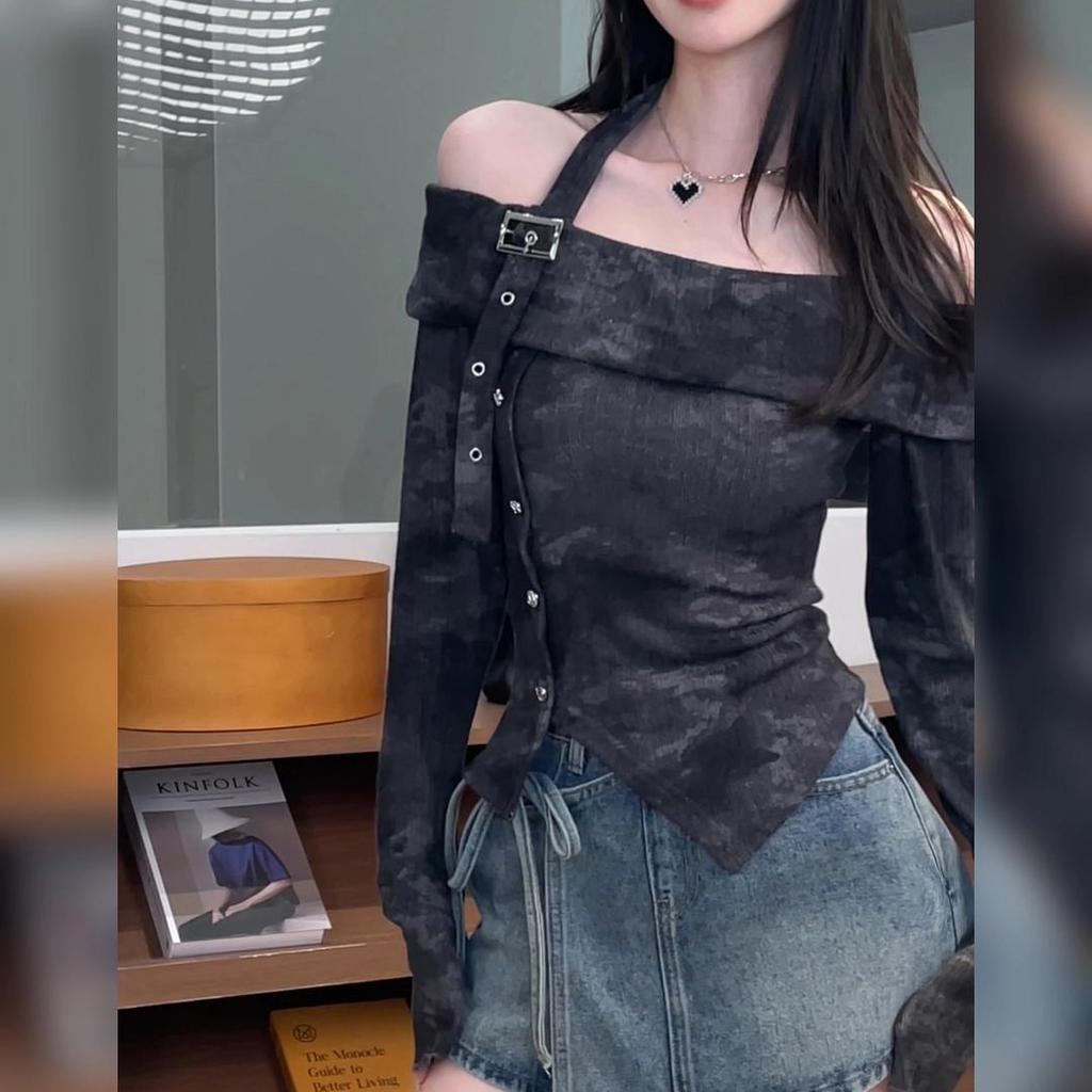 Frühlingsdesign Schulterfrei Batik Langarm Slim Fit Taillenformend Süße Bluse