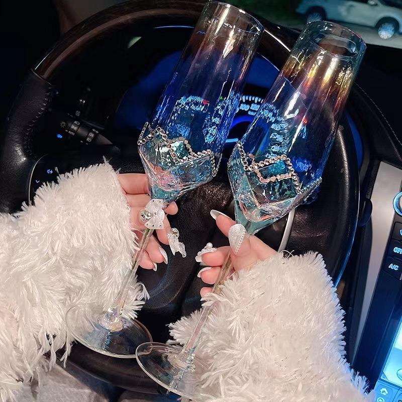 High-value Diamond Crystal Red Wine Glass Light Luxury Ins Wine Glass Retro Glass Goblet Champagne