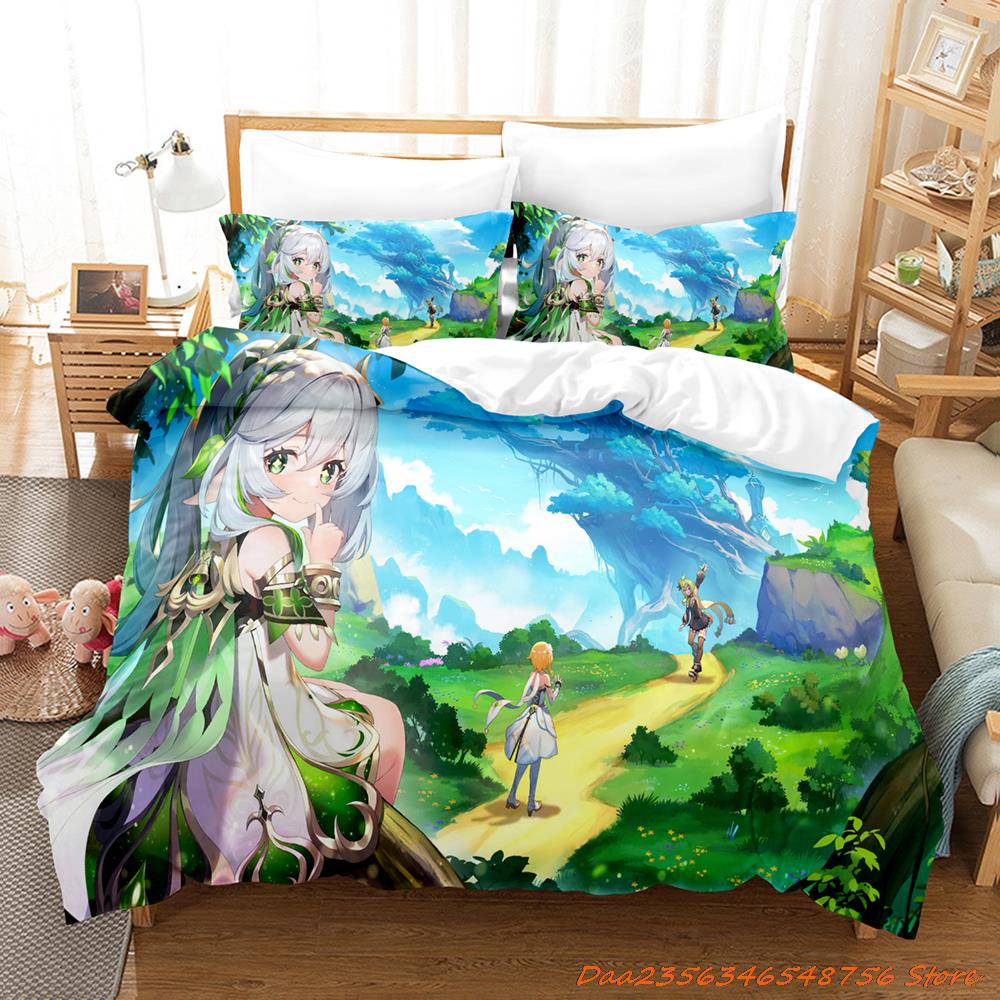 New Game Nahida Genshin Impact Bedding Collection Cartoon Anime ThreePiece Set Adult Kid Bedroom Duvetcover Collections 3D Kawaii Girls