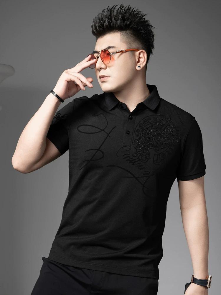European Goods 2025 Summer New Men's Short-Sleeved Polo Shirt Trendy Brand Velvet Printed T-Shirt Lapel Casual Top for Men