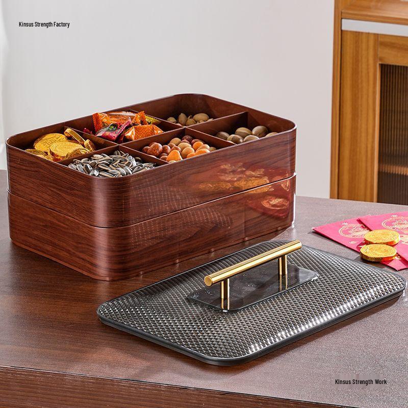 Wood Grain Multi-Grid Dried Fruit Candy Box - Thickened, Sealed, Moisture-Proof, Double-Layer Storage Plate