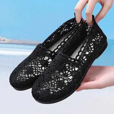 2025 New Summer New Old Beijing Breathable Women's Mesh Cloth Shoes Shallow Mouth Hollow Lace Soft Sole Flat Casual Mother Shoes